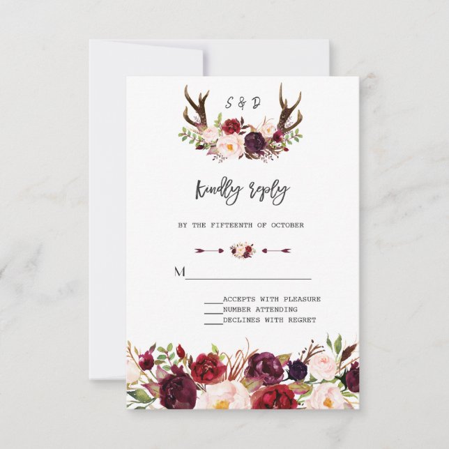 Charm Burgundy Blommigt Antlers Handwrite OSA Kort (Framsida)