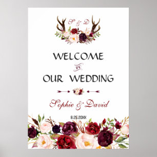Charm Burgundy Blommigt Antlers välkomstskylt Bröl Poster