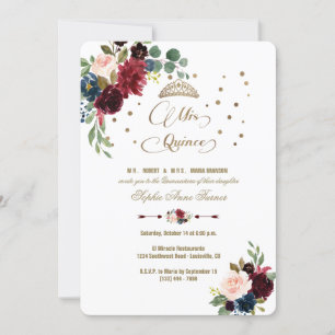 Charm Burgundy Blommigt Guld Mis Quince Quinceañer Inbjudningar