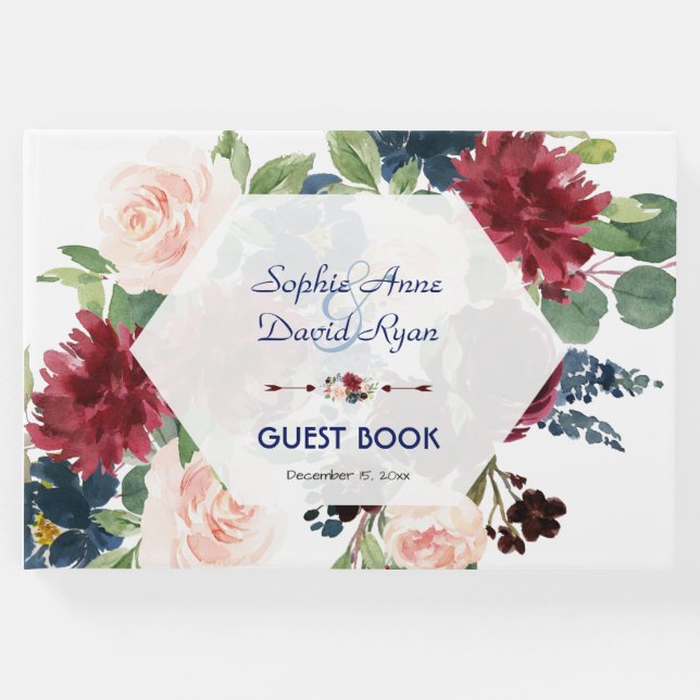Charm Burgundy Blommigt Hexagon Ram Bröllop Gästböcker (Framsida)