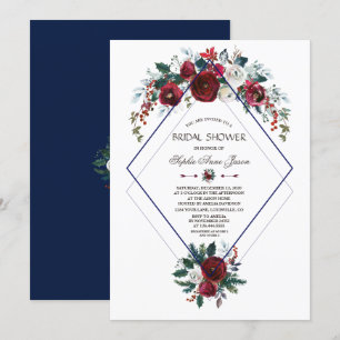 Charm Burgundy Blommigt Navy Blue Möhippa Inbjudningar