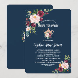 Charm Burgundy Blommigt Navy Möhippa Tea Party Inbjudningar