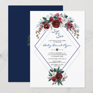 Charm Burgundy Blommigt Navy Sip & See Baby Shower Inbjudningar