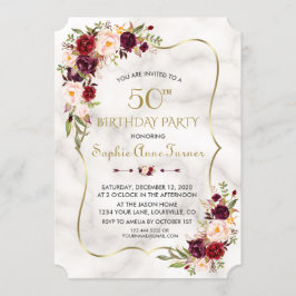 Charm Burgundy Flowers Guld Marble 50:e födelsedag Inbjudningar