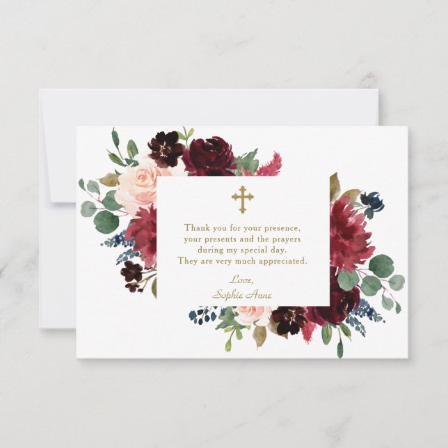 Charm Burgundy  Flowers Kor Girl Baptism Tack Kort (Framsida)
