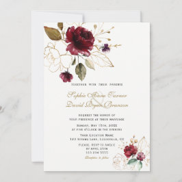 Charm Burgundy Guld Flowers Monogram Bröllop Inbjudningar