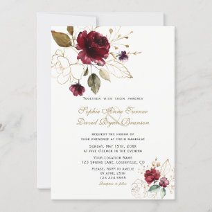 Charm Burgundy Guld Flowers Monogram Bröllop Inbjudningar