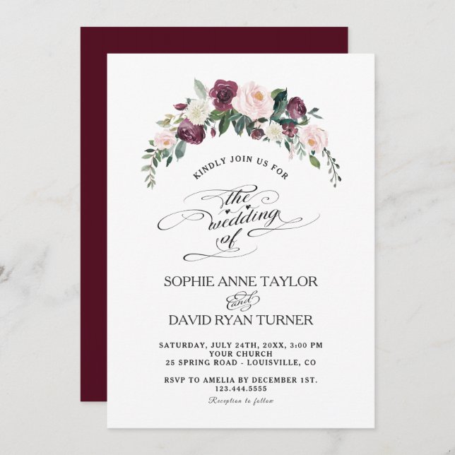 Charm Burgundy  Ivory Blommigt Bloom Bröllop Inbjudningar (Fram/baksida)