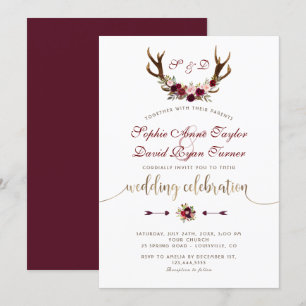 Charm Burgundy Marsala Blommigt Antlers Guld Bröll Inbjudningar