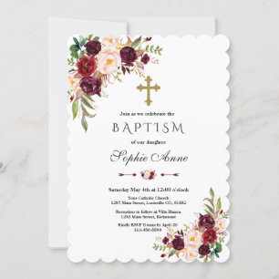 Charm Burgundy Marsala Blommigt Girl Baptism Inbjudningar