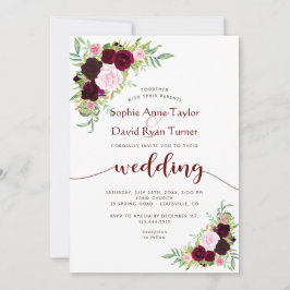 Charm Burgundy Marsala Blommigt Guld Bröllop Inbjudningar