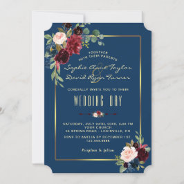 Charm Burgundy Navy Blommor Guld Ram Bröllop Inbjudningar