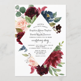 Charm Burgundy Navy Blue Blommigt Bröllop Inbjudningar