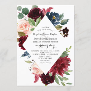 Charm Burgundy Navy Blue Blommigt Bröllop Inbjudningar