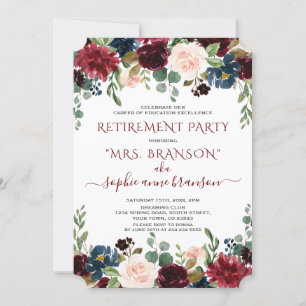 Charm Burgundy Navy Blue Blommigt Pension Party Inbjudningar