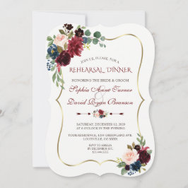 Charm Burgundy Navy Blue Blommigt Rehearsal Middag Inbjudningar