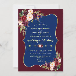 Charm Burgundy Navy Blue Guld Blommigt Bröllop Inbjudningar