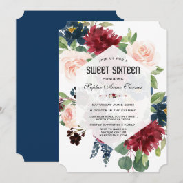 Charm Burgundy Navyblå Blommig Hexagon Sweet 16 Inbjudningar