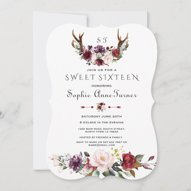 Charm Burgundy Plum  Blommigt Antlers Sweet 16 Inbjudningar (Framsida)