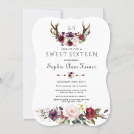 Charm Burgundy Plum  Blommigt Antlers Sweet 16 Inbjudningar