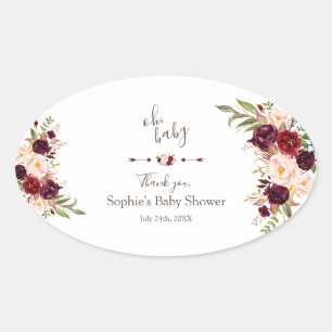 Charm Burgundy Red Marsala Blommigt BABY SHOWER Ovalt Klistermärke
