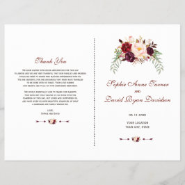 Charm Burgundy Red Marsala Blommigt Bröllopsprogra Reklamblad