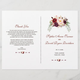 Charm Burgundy Red Marsala Blommigt Bröllopsprogra Reklamblad