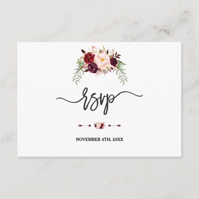 Charm Burgundy Röd Marsala Blommig Handskrift RSVP OSA Kort (Framsida)