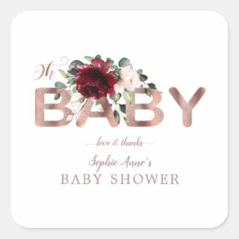 Charm Burgundy Rosa Blommigt Guld Baby Shower Fyrkantigt Klistermärke