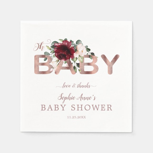 Charm Burgundy Rosa Blommigt Guld Baby Shower Pappersservett (Framsidan)