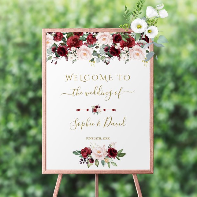 Charm Burgundy Rosa Blommigt Välkomstskylt Bröllop Poster (Skapare uppladdad)