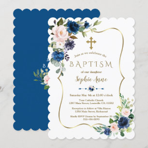 Charm Classic Blåa blommor Guld Girl Baptism Inbjudningar