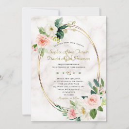 Charm  Cream Flowers Marble Guld Bröllop Inbjudningar