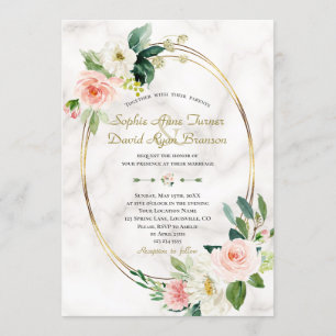 Charm Cream Flowers Marble Guld Bröllop Inbjudningar