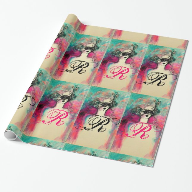 CHARM /Dam with Mask Monogram Rosa Teal Grönt Presentpapper (Utrullad)