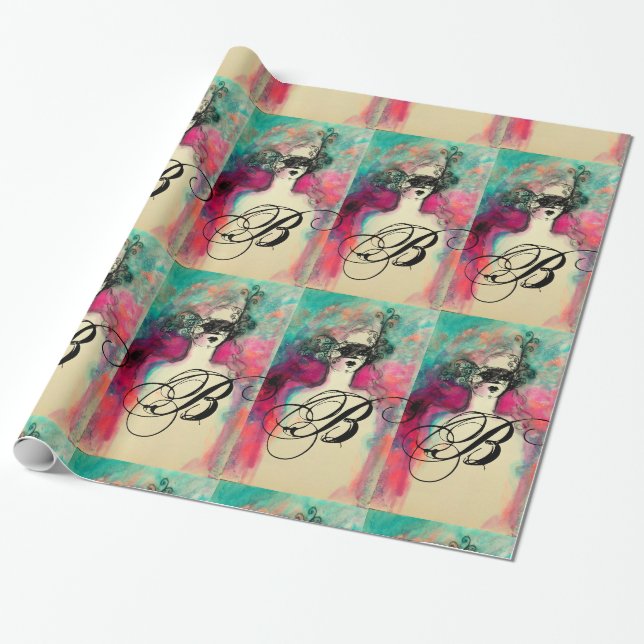 CHARM /Dam with Mask Monogram Rosa Teal Grönt Presentpapper (Utrullad)