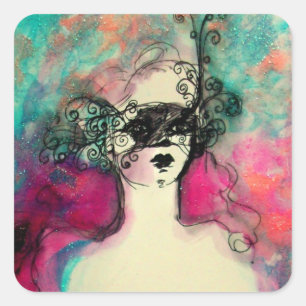 CHARM /Dam with Mask Rosa Teal Grönt Fyrkantigt Klistermärke