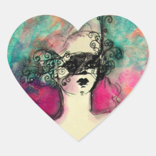 CHARM /Dam with Mask Rosa Teal Grönt Hjärtformat Klistermärke