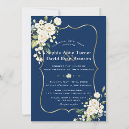 Charm Delikat White Blommigt Guld marinblå Bröllop Inbjudningar