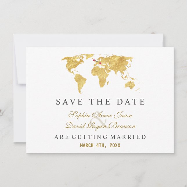 Charm Destination Gold World Map Wedding Spara Datumet (Framsida)