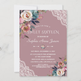 Charm Dusty Blue Dusty Ro Flowers Sweet sixteen Inbjudningar