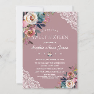 Charm Dusty Blue Dusty Ro Flowers Sweet sixteen Inbjudningar