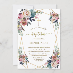 Charm Dusty Blue Misty Ro Flowers Guld Baptism Inbjudningar