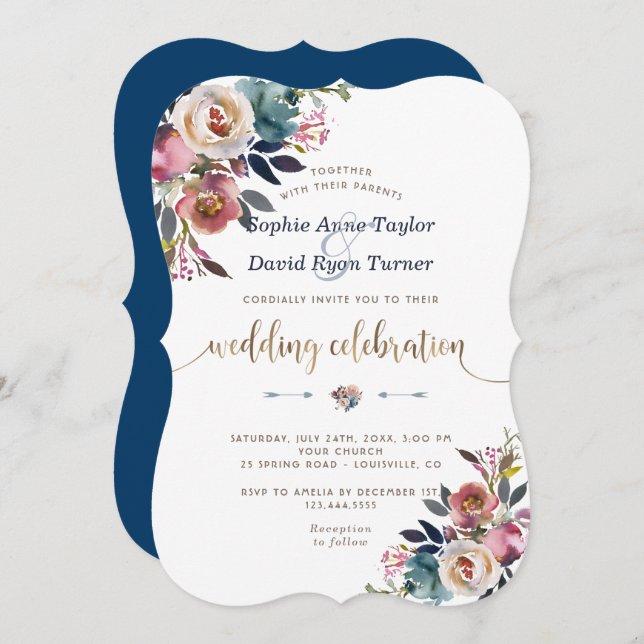 Charm Dusty Blue Rosa Blommigt Bloom Bröllop Inbjudningar (Fram/baksida)