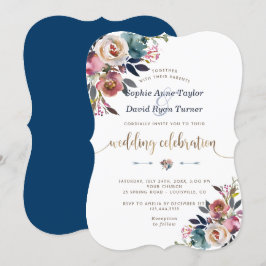 Charm Dusty Blue Rosa Blommigt Bloom Bröllop Inbjudningar
