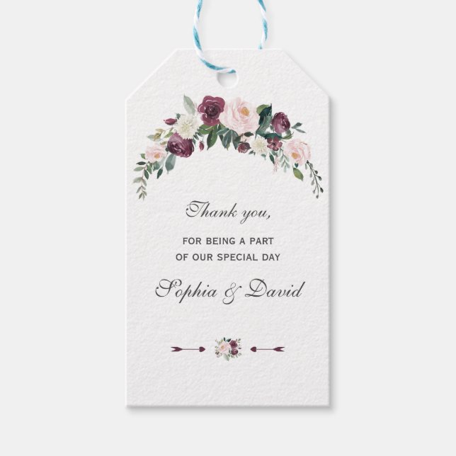 Charm Dusty Blue Rosa Blommigt Bouquet Bröllop Presentetikett (Framsidan)
