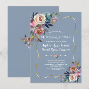 Charm Dusty Blue Rosa Blommigt Guld Rehearsal Midd Inbjudningar