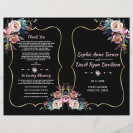 Charm Dusty Blue Rosa Flowers Guld Bröllopsprogram