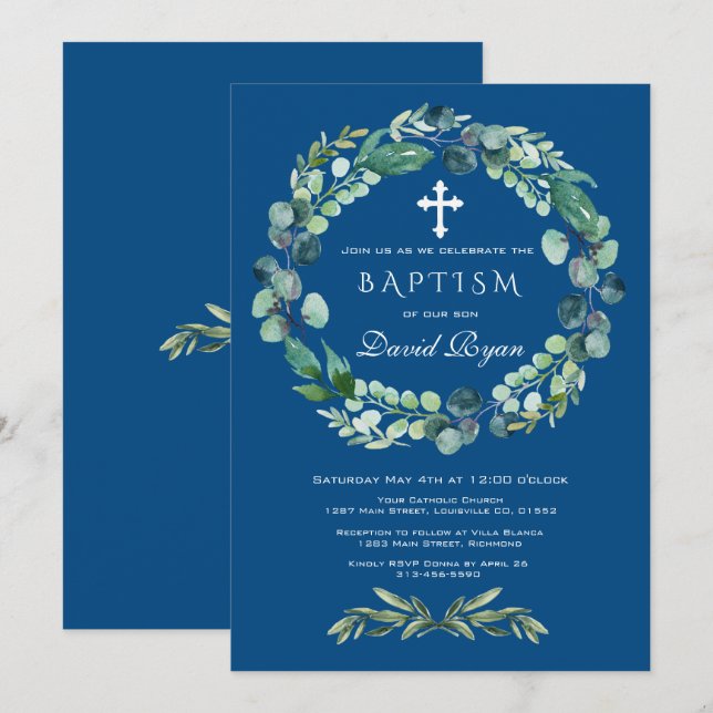 Charm Eucalyptus Foliage Classic Blue Boy Baptism Inbjudningar (Fram/baksida)