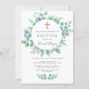Charm Eucalyptus Greenery Wandeand Kor Boy Baptism Inbjudningar
